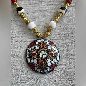 Vintage Mokume-Gane Style Mosaic Necklace – Handmade Statement Pendant – Ethnic